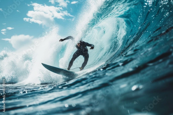 Obraz Surfers skillfully catching large waves at a sunny beach, exuding thrill and expertise.. AI generated.