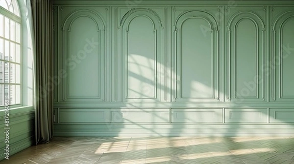 Obraz Frontal view of a pastel green wall in a luxury apartment, highlighting upscale living