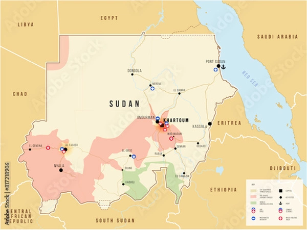 Obraz Sudan war map. Main conflict forces. Vector illustration map. Geopolitical set concept.
