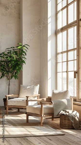 Obraz Two wooden armchairs with white cushions sit in front of a large window