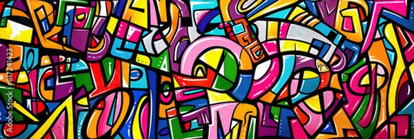 Fototapeta A dynamic graffiti artwork featuring a multitude of colorful letters spray-painted on a wall, creating a visually stimulating and energetic composition