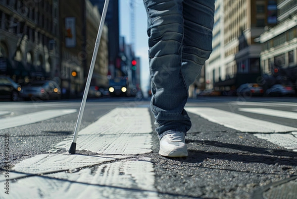 Fototapeta Midsection of young blind man with white cane walking across the street in city
