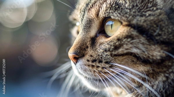 Fototapeta Cat's gaze. A close-up side profile of a cat with its eyes looking intently forward, showcasing the details of its fur, whiskers, and focused expression..