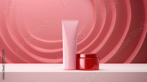 Fototapeta Elegant beauty products in pink and red containers displayed against a modern, layered pink background, showcasing simplicity and style, mockup