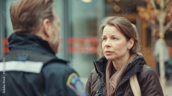 Fototapeta A concerned woman discussing a matter with a uniformed police officer outdoors, showcasing an interaction between a citizen and law enforcement