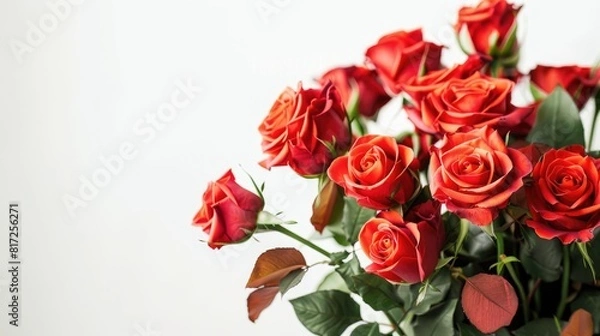 Fototapeta Vibrant bouquet featuring red roses set against a white backdrop captured in a stunning close up shot
