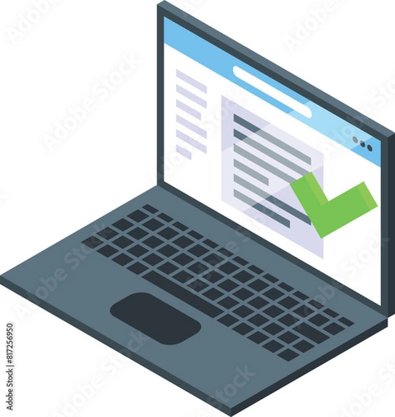 Obraz 3d illustration of an isometric laptop displaying a green checkmark, symbolizing task completion or approval