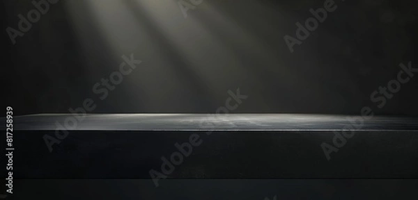 Fototapeta A dark grey table with soft light shining from the right side, set against an allblack background Generative AI