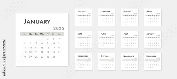 Fototapeta Monthly calendar template for 2025 year. Week starts on Sunday. Desk  or wall calendar in minimal style