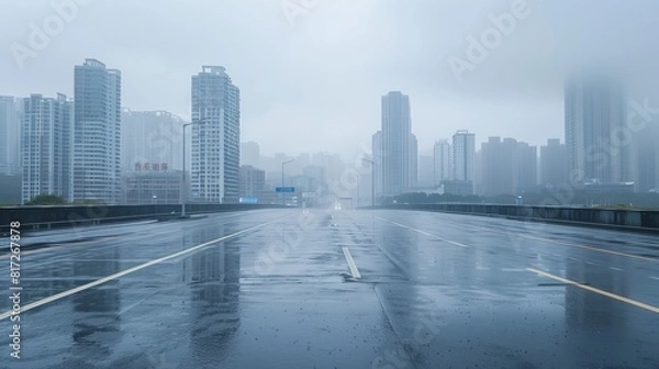 Obraz Rainy day scene featuring an empty wet asphalt road against a foggy city skyline background.