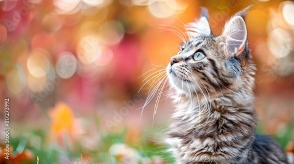 Fototapeta  A tight shot of a feline in a sea of green grass, surrounded by indistinct lights in the backdrop The backdrop itself is also blurred