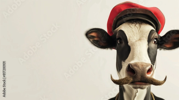 Fototapeta a single cow showing in the bottom right part of the image, on plane white background. the cow is wearing a funny mustache and a bright single colored hat 