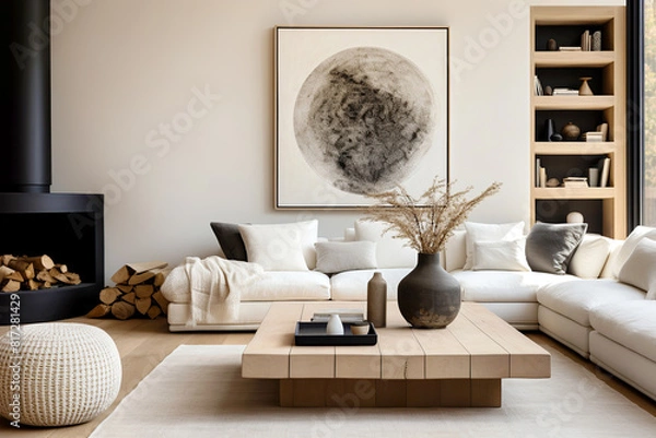 Fototapeta Fireplace and wall mounted shelf in room with white sofa. Minimalist boho interior design of modern living room, home.