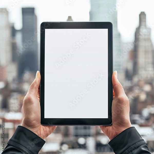 Fototapeta male hands holding tablet with blank screen over blurred city background, mock up