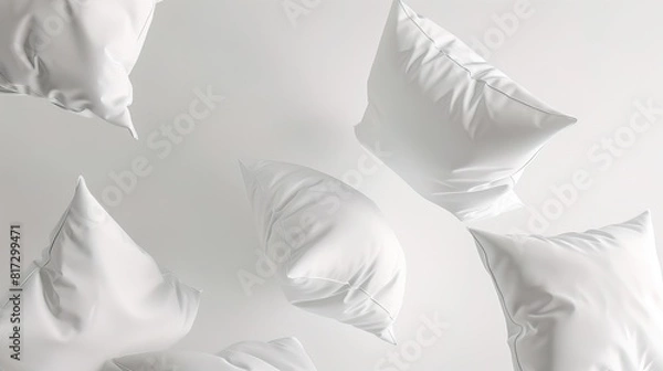 Fototapeta white color pillows floating on a white background with depth of field, isolated on white --ar 16:9 --style raw --stylize 50 Job ID: ebf4cd92-8f49-40a8-b790-b3844a070d0a