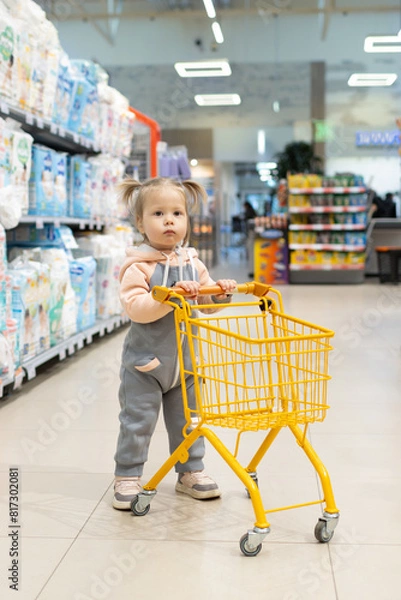 Fototapeta A little girl is holding a shopping cart in a store.