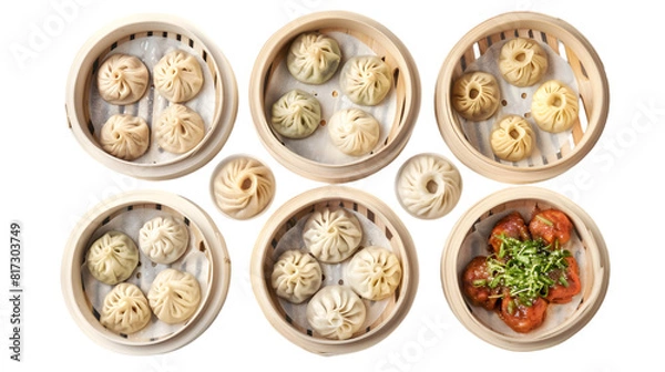 Fototapeta  A high-resolution ultra HD image of soup dumplings, har gow, and char siu bao, beautifully, transparent background