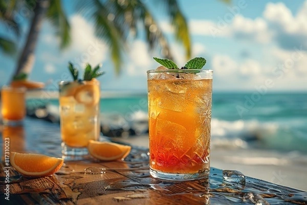 Fototapeta Various delicious cocktails on the bar counter against the background of palm trees