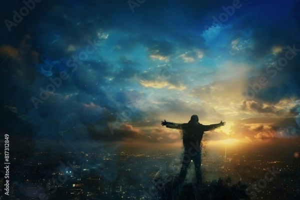 Fototapeta Man Standing on Top of City With Arms Outstretched. Generative AI