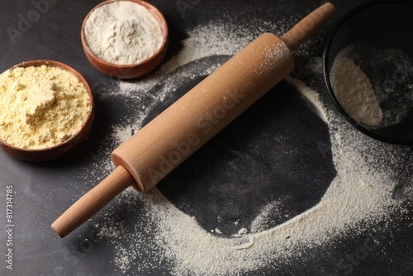 Fototapeta Scattered flour, rolling pin and sieve on black table