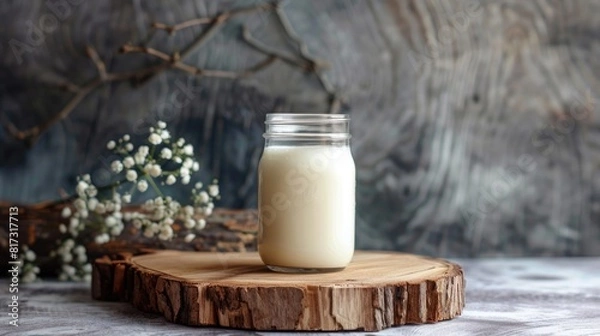Fototapeta Celebrate World Vegetarian Day with a rustic touch a glass jar of milk resting on a wooden board This lactose free eco friendly packaging offers allergen friendly homemade goodness Plenty o