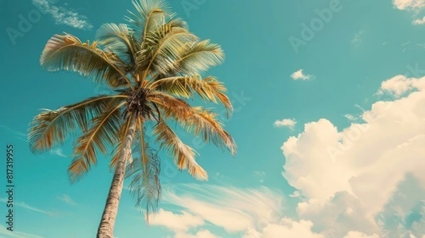 Fototapeta Abstract background of a palm tree on a tropical beach with a blue sky and white clouds.







