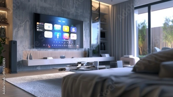 Fototapeta A smart screen displaying a smart home interface in a modern living room.

