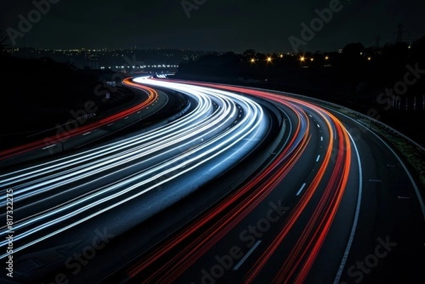 Fototapeta This long exposure shot captures the vibrant movement of traffic at night, with red and white light streams along the highways