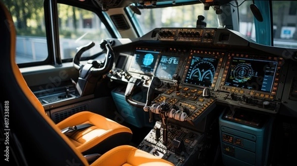 Obraz Empty Train Cabin with Advanced Control Panels and Comfortable Seats