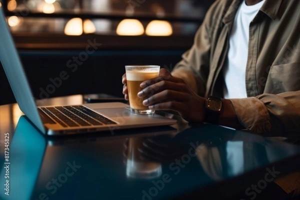 Fototapeta Close up photo of unrecognizable African-American man hands typing homework on his laptop keyboard and holding glass of iced coffee while sitting in a coffee shop