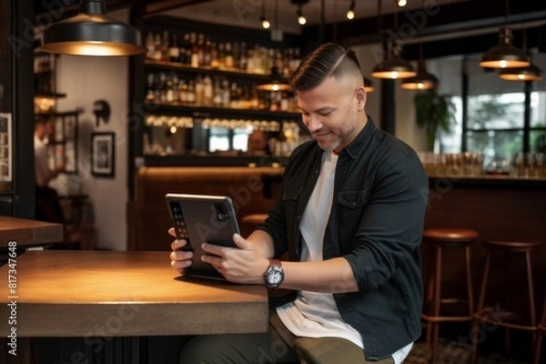 Fototapeta Coffee shop owner uses tablet to work