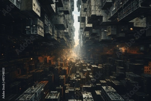 Fototapeta The image shows a dark and narrow alleyway with tall buildings on either side. The alleyway is lit by a few flickering lights.