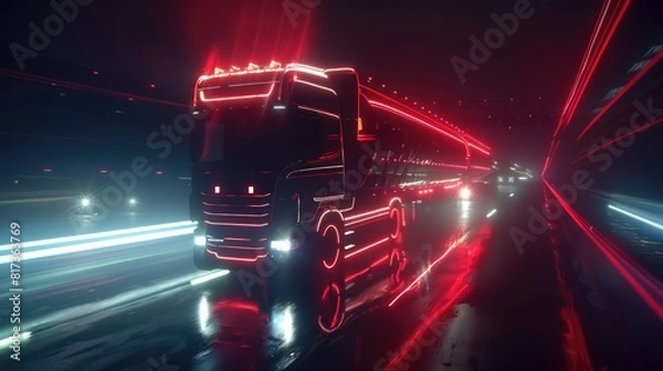 Fototapeta Trucks on highway, street in night time. Motion blur, light trails. Transportation, logistic. Timelapse, hyperlapse of transportation. Abstract soft glowing lines