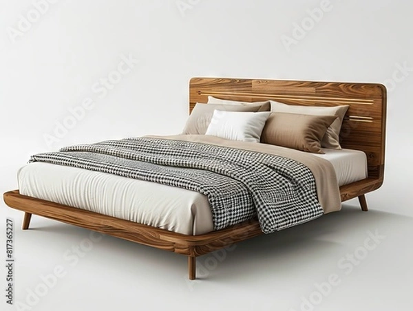 Fototapeta A modern bed with wooden frame and white bedding.