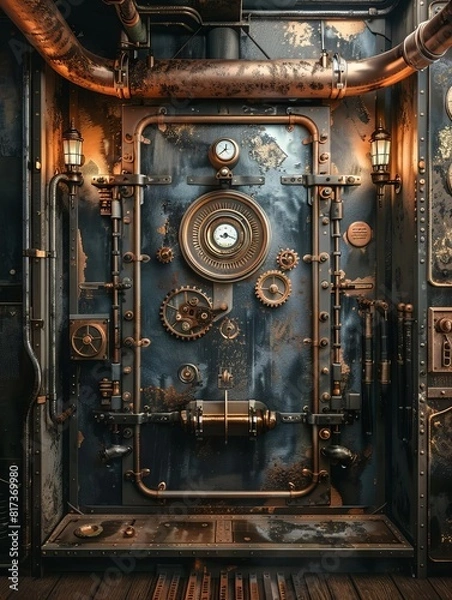 Obraz The image is a steampunk style door with a lot of copper pipes and rivets.
