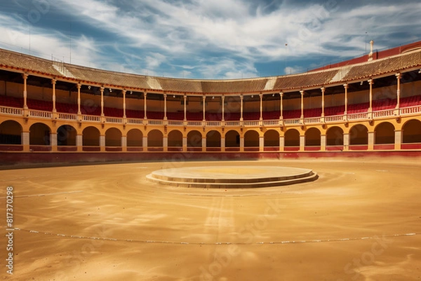 Fototapeta Majestic Empty Bullring Under a Dramatic Sky, Showcasing Architectural Grandeur and Historical Significance of the Cultural Landmark