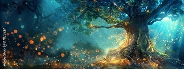 Fototapeta A mystical, enchanted tree background with glowing elements and magical creatures.