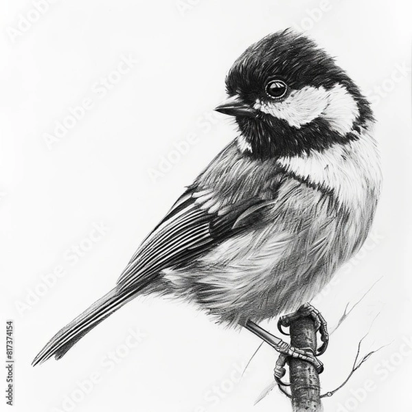 Fototapeta Great Tit Bird Pencil Sketch Hand Drawn Black and White Depiction of Parus Major on a Blank White Background