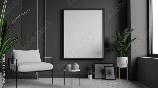 Fototapeta Minimal wooden picture poster frame mockup, Mockup frame in living room interior, 3d render