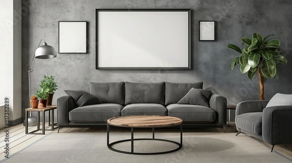 Obraz Minimal wooden picture poster frame mockup, Blank horizontal poster frame mock up, beige sofa and pampas grass, 3d rendering, 3d rendering. A4, A3 format