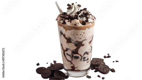 Fototapeta  An image of an Oreo shake in a square glass, topped with a mini scoop of vanilla ice cream and Oreo cookie pieces, captured in ultra HD, transparent background
