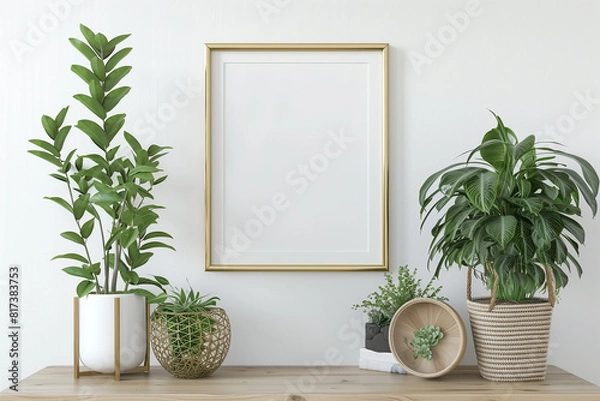 Fototapeta Horizontal poster mockup with golden metal frame standing on wooden table and decorated with green plants in basket on empty white wall background. 3D rendering illustration.