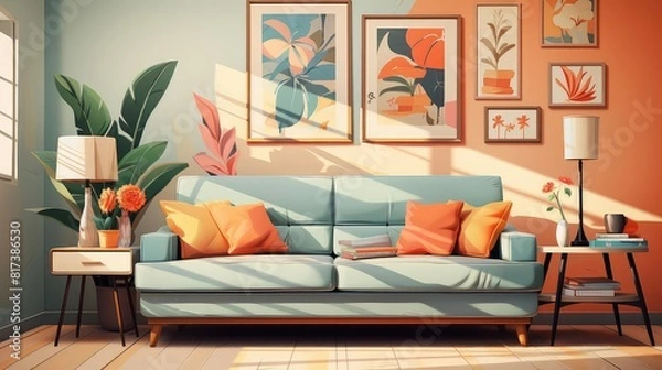 Obraz Basement background flat design front view cozy family lounge theme water color colored pastel