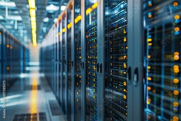 Fototapeta Rows of servers fill a long building hallway in a data center