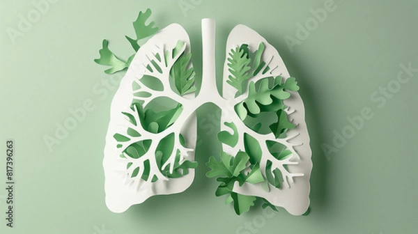 Fototapeta White paper cut art style human lungs shape on light green background. Top view. Respiratory health, pulmonary function, health diagnostic concept