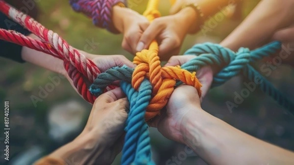 Obraz diverse hands grasping colorful ropes strong unity and teamwork concept abstract photography