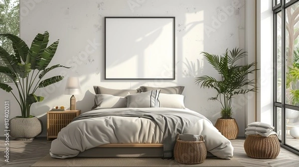 Fototapeta The interior bedroom mock up poster frame interior background,3D , 3D illustration