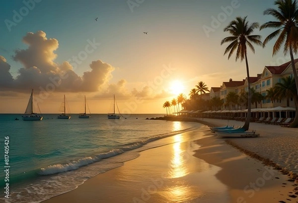 Fototapeta Sunset scene of a summer beach at sunset. Vacation spot landscape. 3D rendering