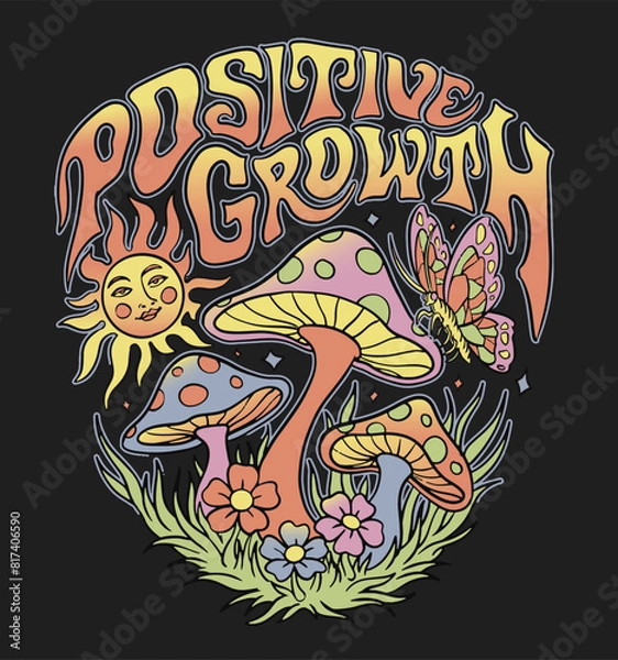 Obraz Positive Growth. Retro 60’s Psychedelic Hippy Mushroom Illustration Graphic. 