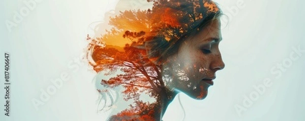 Fototapeta Experimental double exposure technique with contrasting elements. A profile of a woman's face is blended with vibrant autumn leaves and tree branches, creating a harmonious and artistic fusion of huma